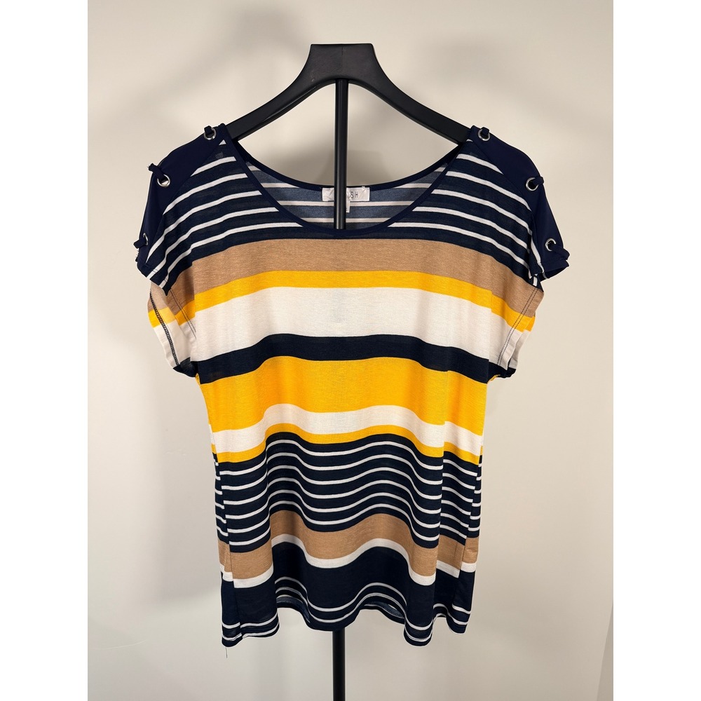 Lavish Womens Large Striped Short Sleeve Scoop Neck Grommet Shoulder Top Navy